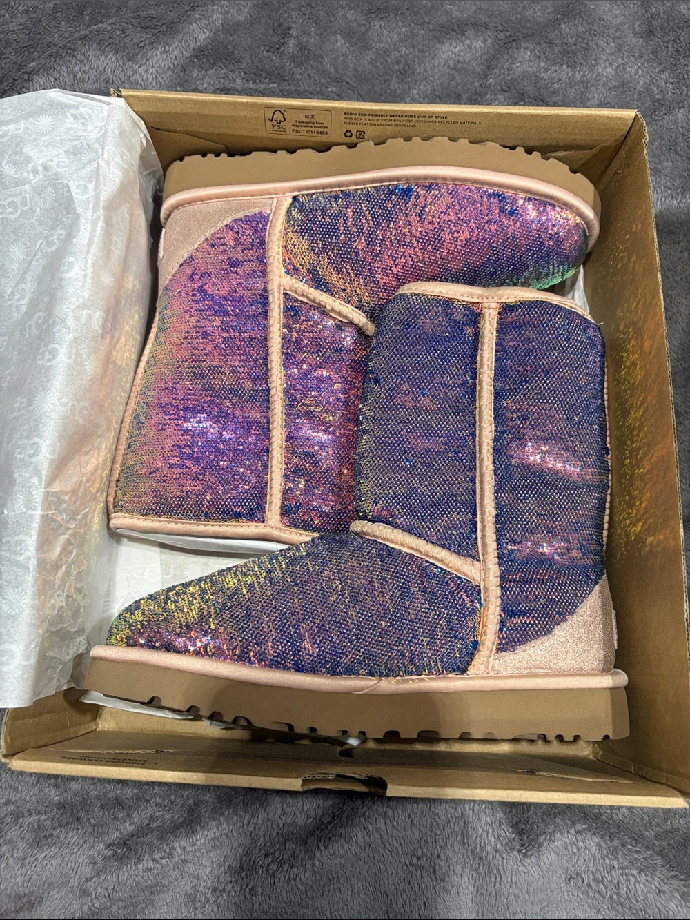 UGG Iridescent Sequin Classic Short Boots in Pink and Purple